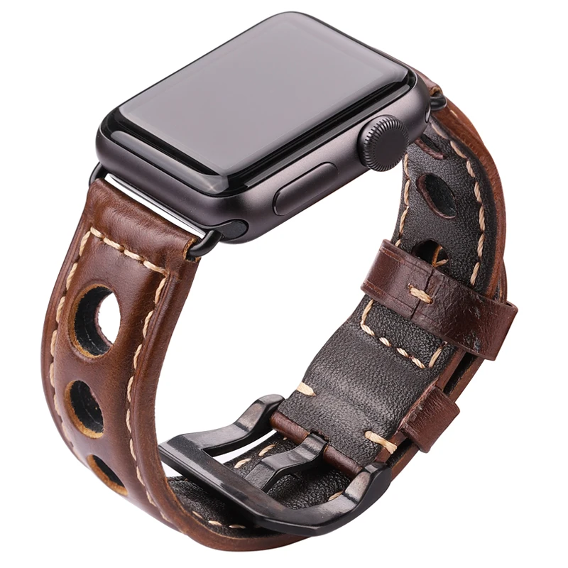 Oil Wax Cowhide Watchbands for Apple Watch 4 3 2 1 42MM 38MM  Dark Brown Women Men Fashion Genuine Leather Watch Band Strap Belt