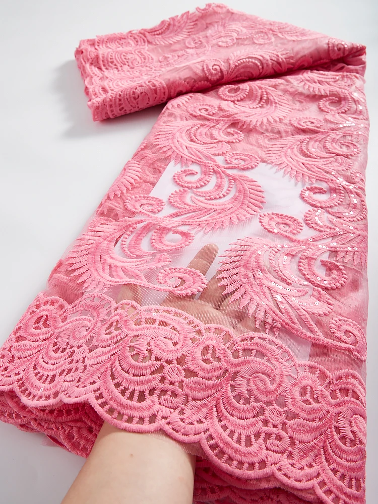 African Lace Fabric High Quality Lace Sequins Embroidery Tulle Lace Fabric Red Milk Silk French Net Lace Fabric 2.5 Yard TY2340