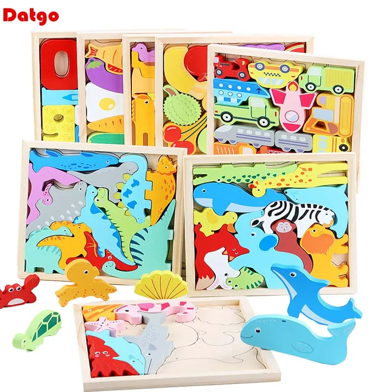 Hot New 3D Puzzle Wooden Toys Baby Learning Educational Hand Grasp Board Cartoon Animal Fruit and Vegetable Jigsaw Toy Gifts