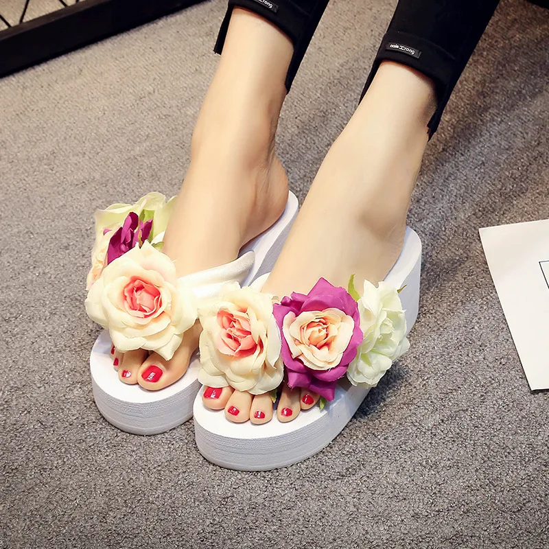 5 CM High Heel Women Summer Flip Flops Sandals Flower Wedge Heel Holiday Female Slippers Outdoor Non-Slip Beach Shoes