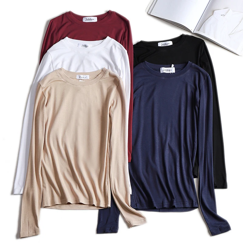 High Quality Plain T Shirt Women Cotton Knitted Slim Elastic Basic T-shirts Female Casual Tops Long Sleeve T-shirt Women 2024