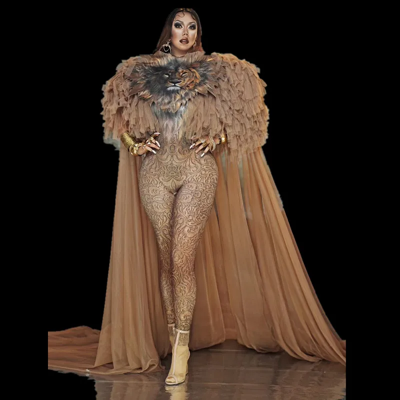 

Fashion Lion Party Celebration Stage Jumpsuit Women Mesh Cloak Prom Rompers Animal Cosplay Costumes Dance Performance Bodysuits