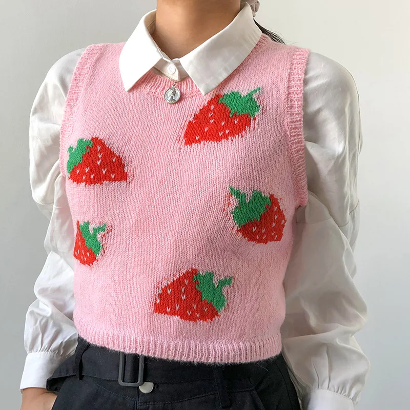 Sweet Sleeveless Sweater Vest Women Jumper Strawberry Knitted Crop Top Lady Streetwear Cute V-Neck Pullover Top Vest Autumn