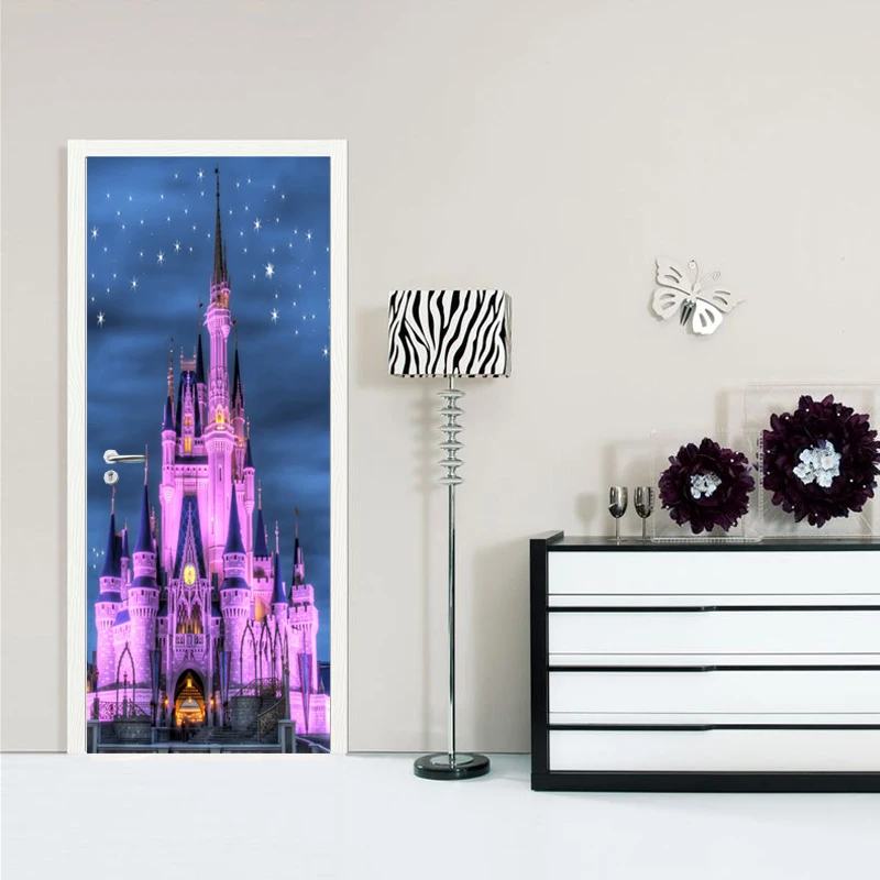 Cartoon Castle Night View 3D Photo Mural Sticker for Door Kids Room Bedroom Waterproof PVC Self-Adhesive Wall Paper DIY Poster