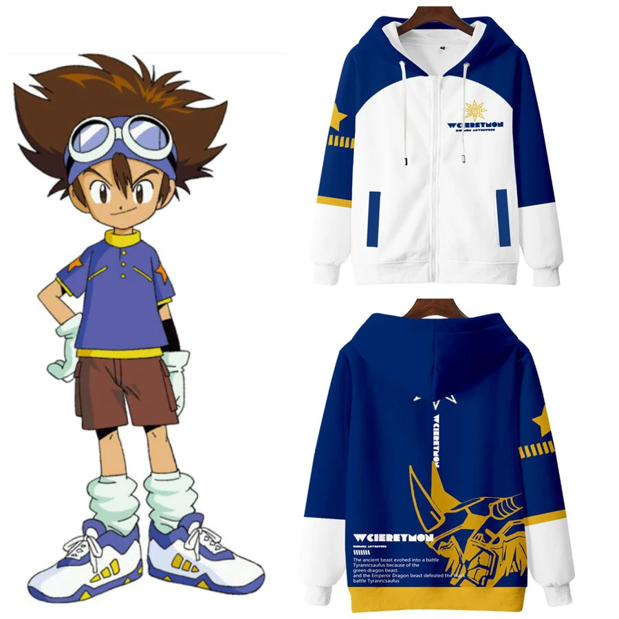 Bluzy damskie/męskie bluzy 3D Anime Digimon przygoda Zip Up Streetwear Kawaii Taichi Yagami Cosplay kurtka z kapturem na zamek błyskawiczny