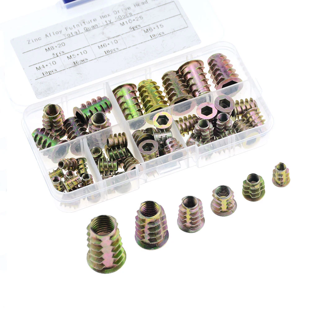 

50PCS/BOX M4-M10 Zinc Alloy Thread for Wood Insert Nut Flange Hex Socket Head Furniture Nuts Assortment Kit M5 M6 M8