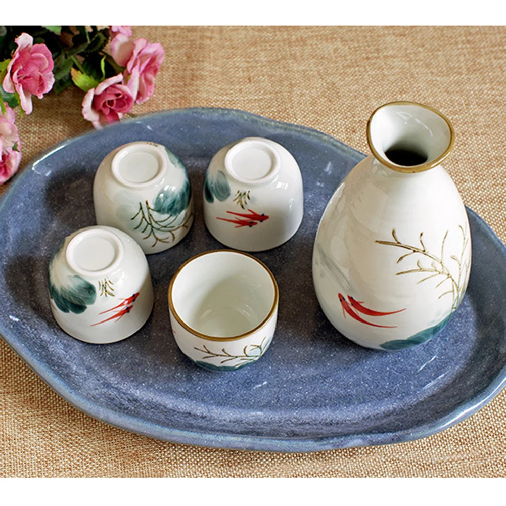 1Bottle 4 Cups Japanese Sake Set Plain Printed Handmade Porcelain Sake Cups Porcelain Wine Bottle Porcelain Bottle For Drinking