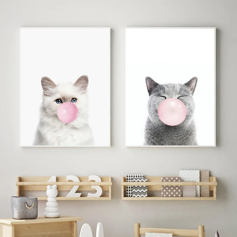 Cat With Pink Bubble Gum Print Modern Animal Photography Poster Nursery Wall Pictures Cute Cats Art Canvas Painting Home Decor