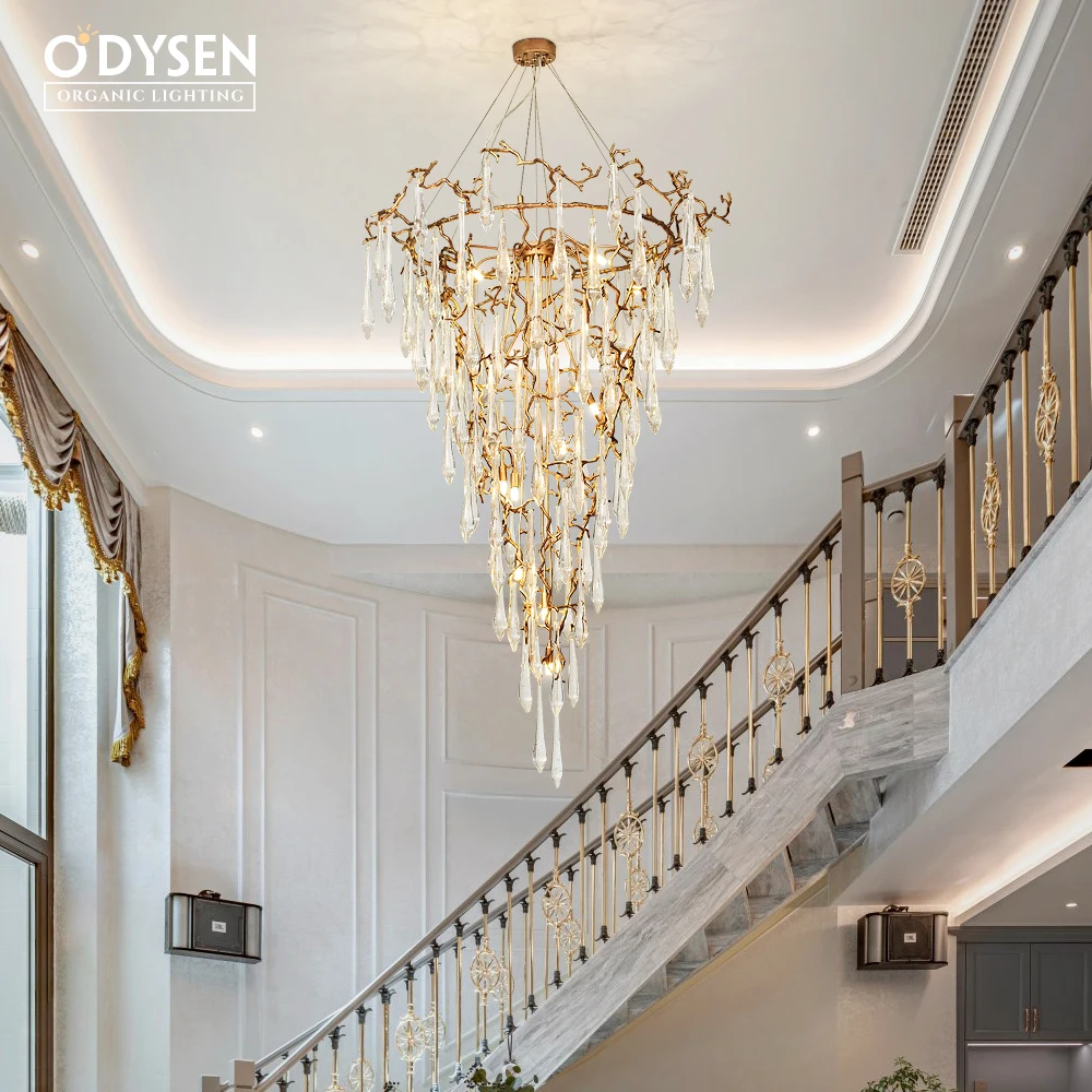 ODYSEN ART DECO Chandelier for Staircase Villa Hallway Long Led Copper Creative Lobby Loft Light Tree branches Lamp Large House