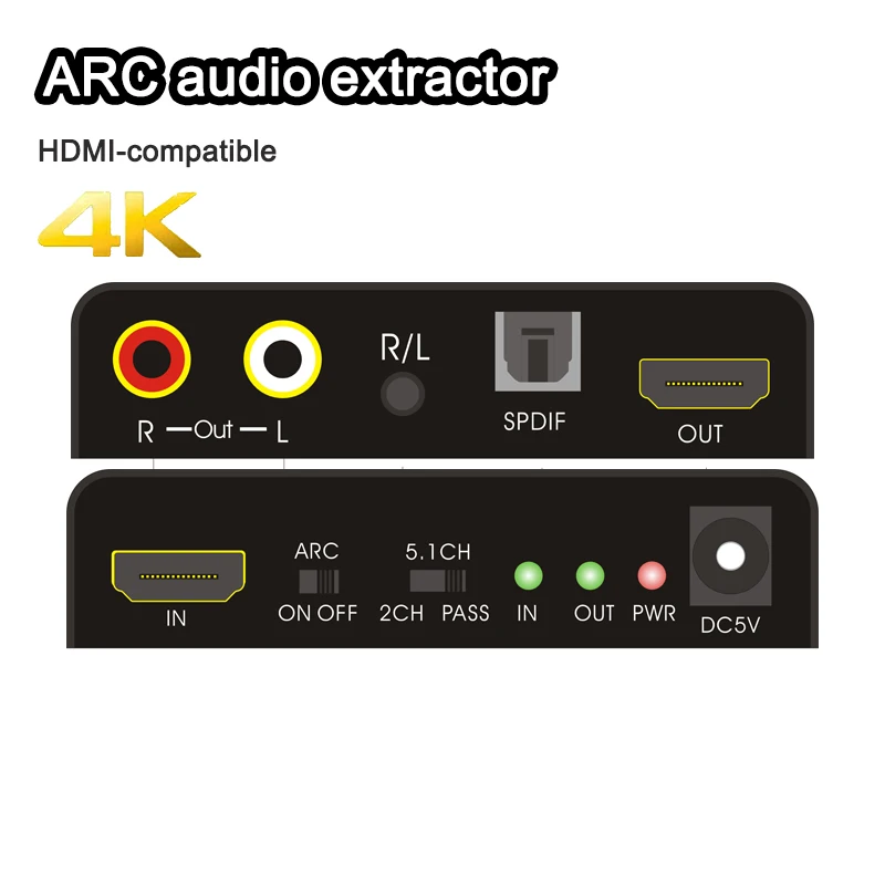 Extractor de audio arc 5,1 compatible con HDMI, divisor de audio 4K/60Hz YUV4:4:4 HDR HD 3,5mm jack óptico TOSLINK SPDIF HDMI2.0