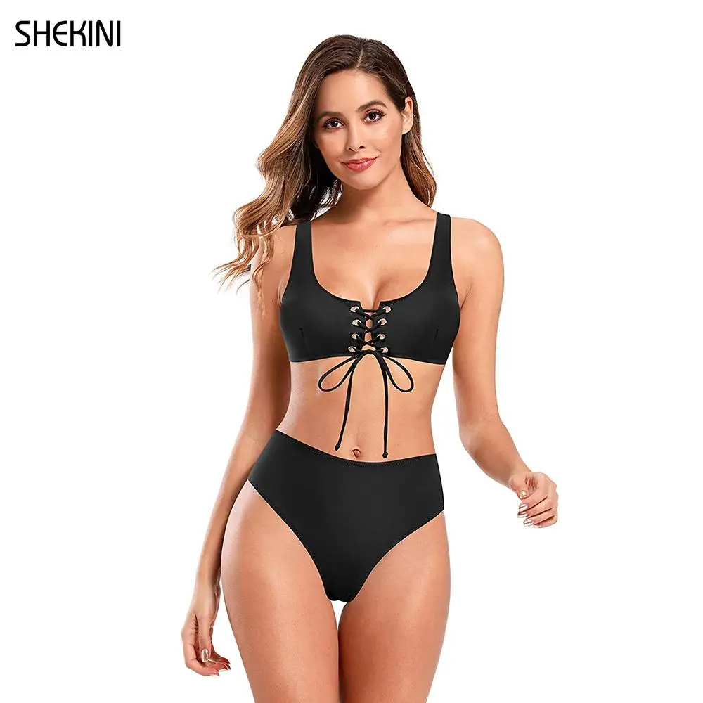 

SHEKINI Women's Swimwear Sport Lace Up Bikini Set High Waisted Swiming Bottoms Two Piece Swimsuits Solid Beach Bathing Suits