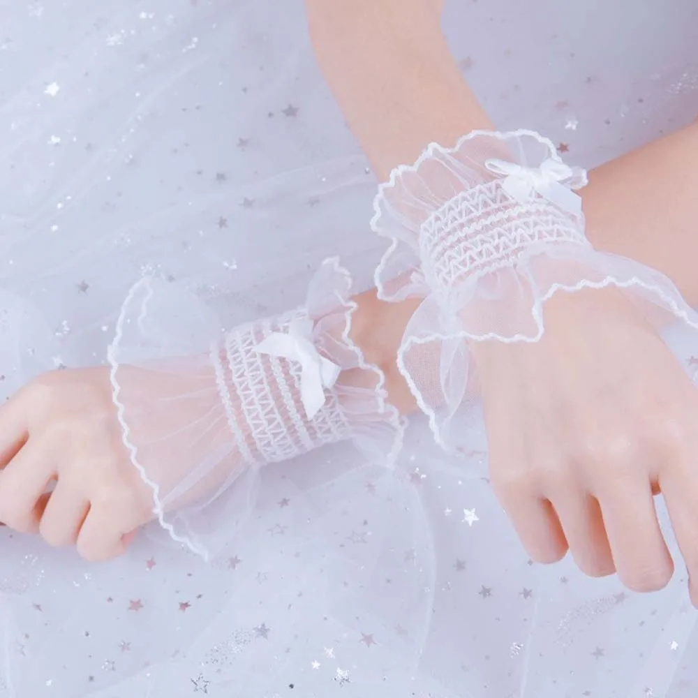 Korean Sweet Lolita Hand Wrist Cuffs Solid Color Bow Lace Maid Gloves For Women Cosplay Girl Party Hand Sleeves