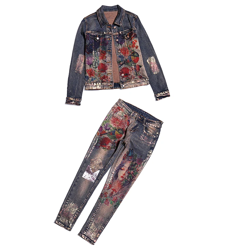 Women Sexy Slim Print Denim Suit Female Clothes Autumn New Long-Sleeve Coat + Little Feet Jeans Fashion Ladies Suit Tide H971