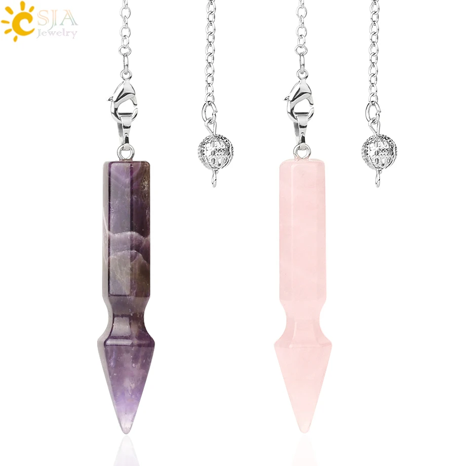 CSJA Natural Stone Pendulums for Dowsing Divination Spiritual Reiki Crystal Pendant Pink Quartz Amethysts Pendulum Pendulo G611