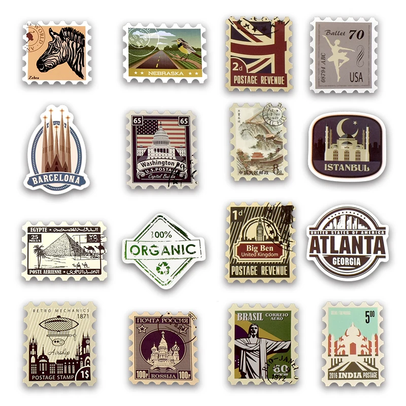 50pcs Retro Stamp Sticker Travel Historical Building Postmark Postage Stickers for DIY Luggage Laptop Travel Case Guitar Fridge