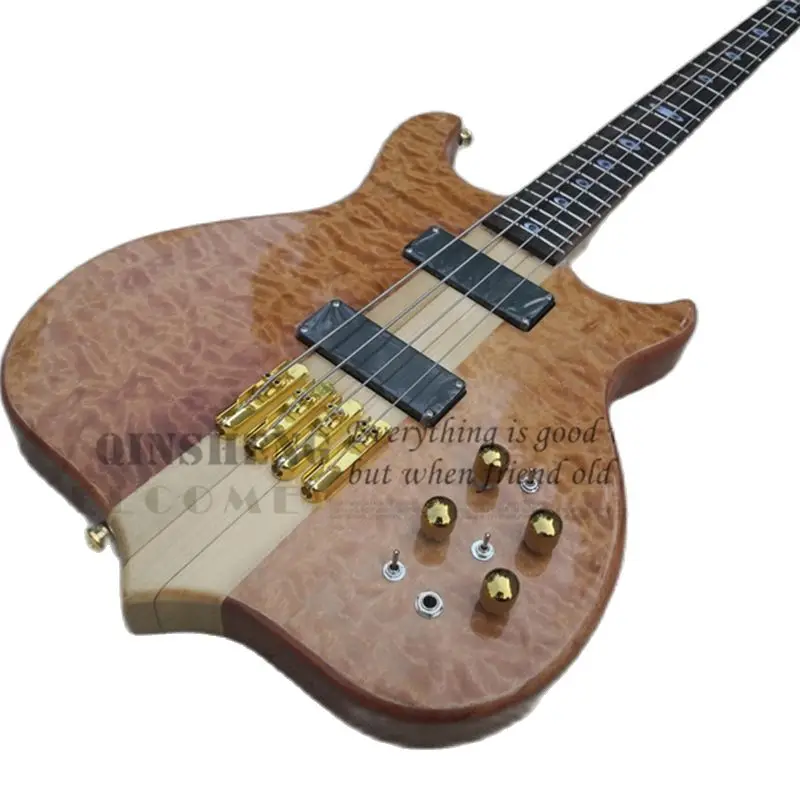 Custom 4 string bass guitar brown squilted maple veneer,mahogany body,gold buttons,active battery