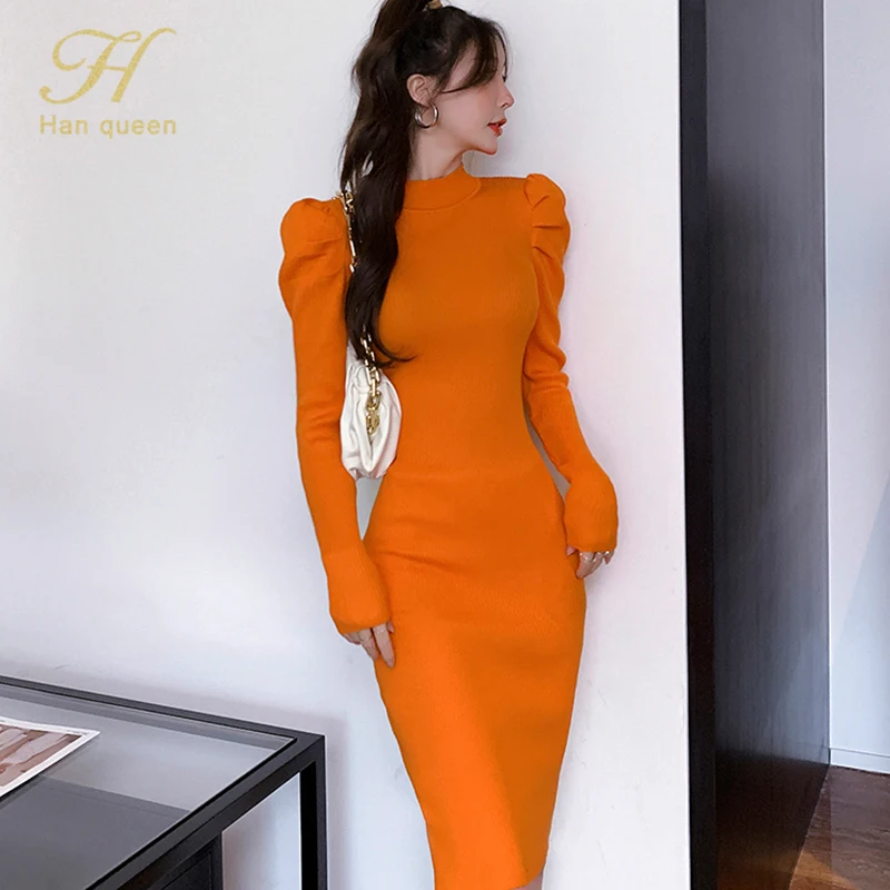 H Han Queen Autumn Long Sleeve Puff Sleeve Sweater Knit Dress Bottoming Simple Office Female Bottoming Pencil Knitted Vestidos