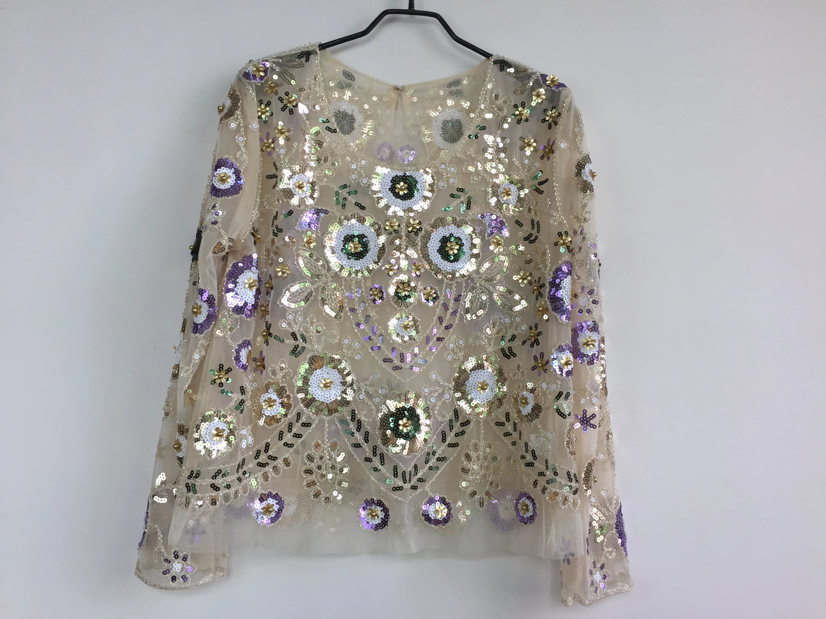 Srping Female Fashion Party Beaded Sequin Blouses Flower Runway Style Long Sleeves Shiny Shirt Halloween Costumes