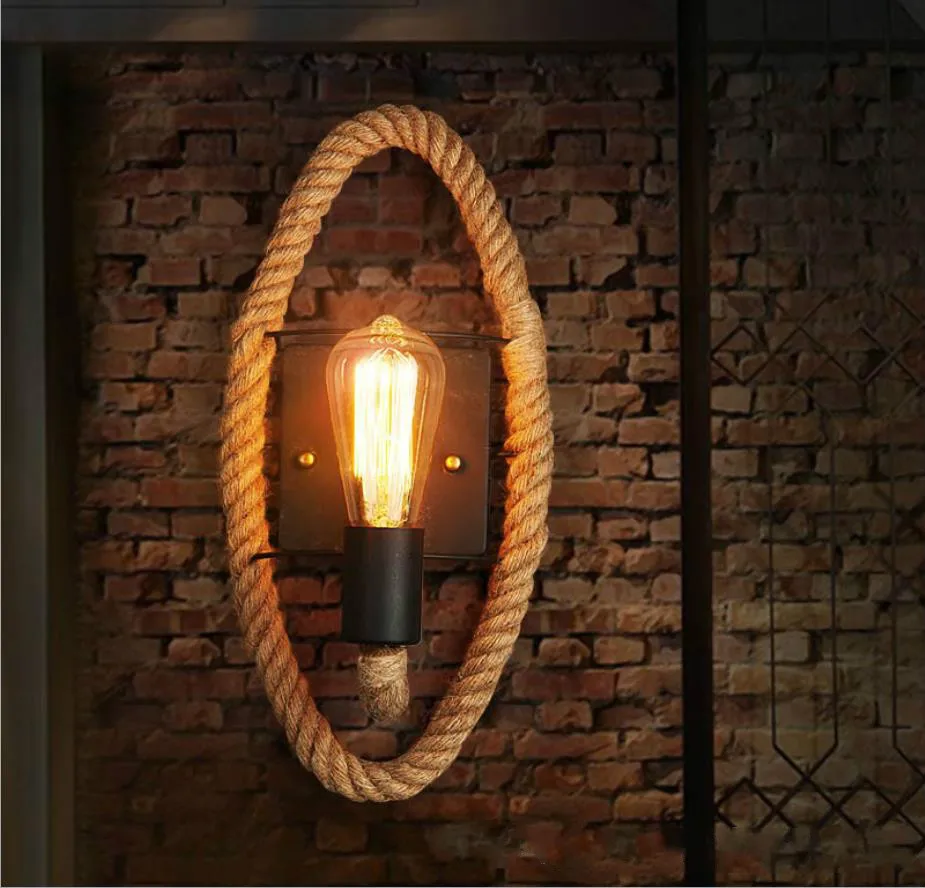 American Retro Round Rope Hemp Rope Edison Bulb Wall Light Aisle Balcony Stairs Bar Coffee Shop Iron Wall Lamp