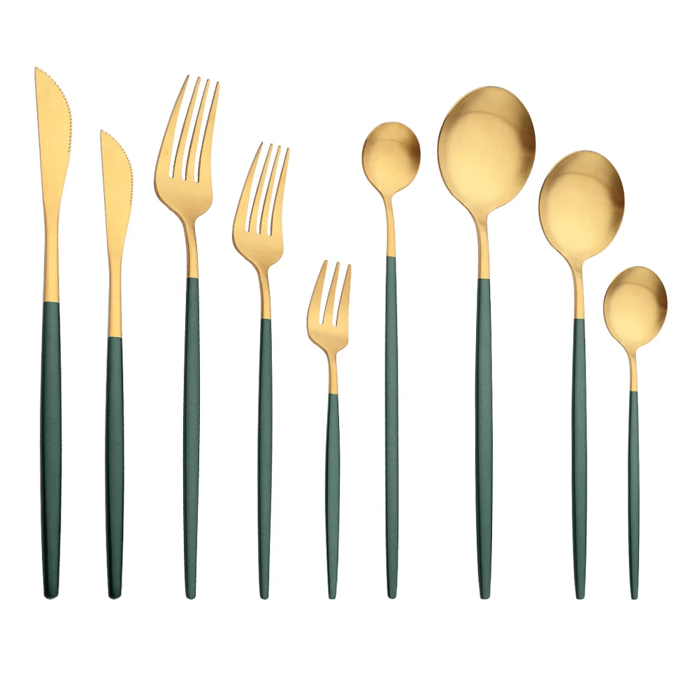 Ins Style Matte Flatware Stainless Steel Cutlery Set Green Gold Dinnerware Home Spoon Fork  And Knives Set Fruit Forks For Kids