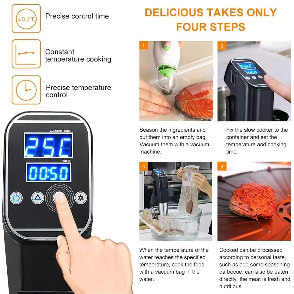 Portable Vacuum Slow Sous Vide Food Cooker 1000W Powerful Immersion Circulator Machine LCD Digital Timer Display Waterproof