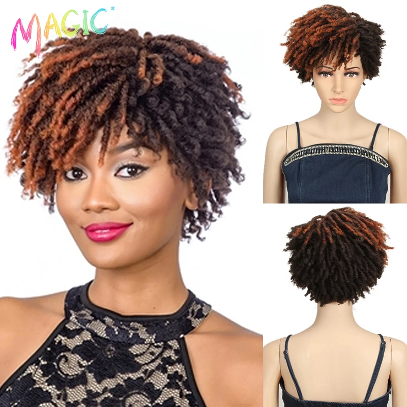 Magique 10 pouces synthétique Afro crépus bouclés perruque courte Dreadlock perruque avec frange Ombre noir Blonde Crochet perruque pour les femmes noires