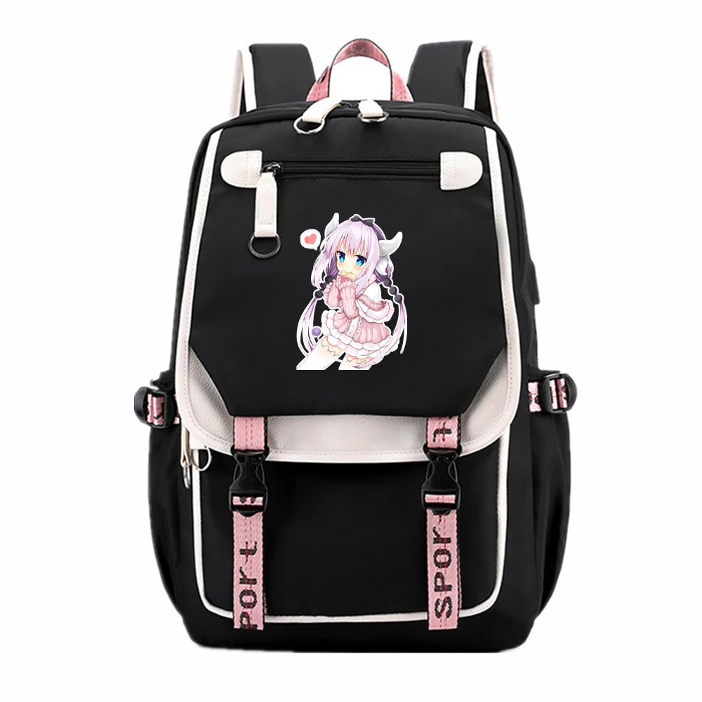 Miss Kobayashi's Dragon Maid KannaKamui Kawaii School Bags Pink Bookbag Girls Travel Bagpack USB Charging Laptop Bagpack