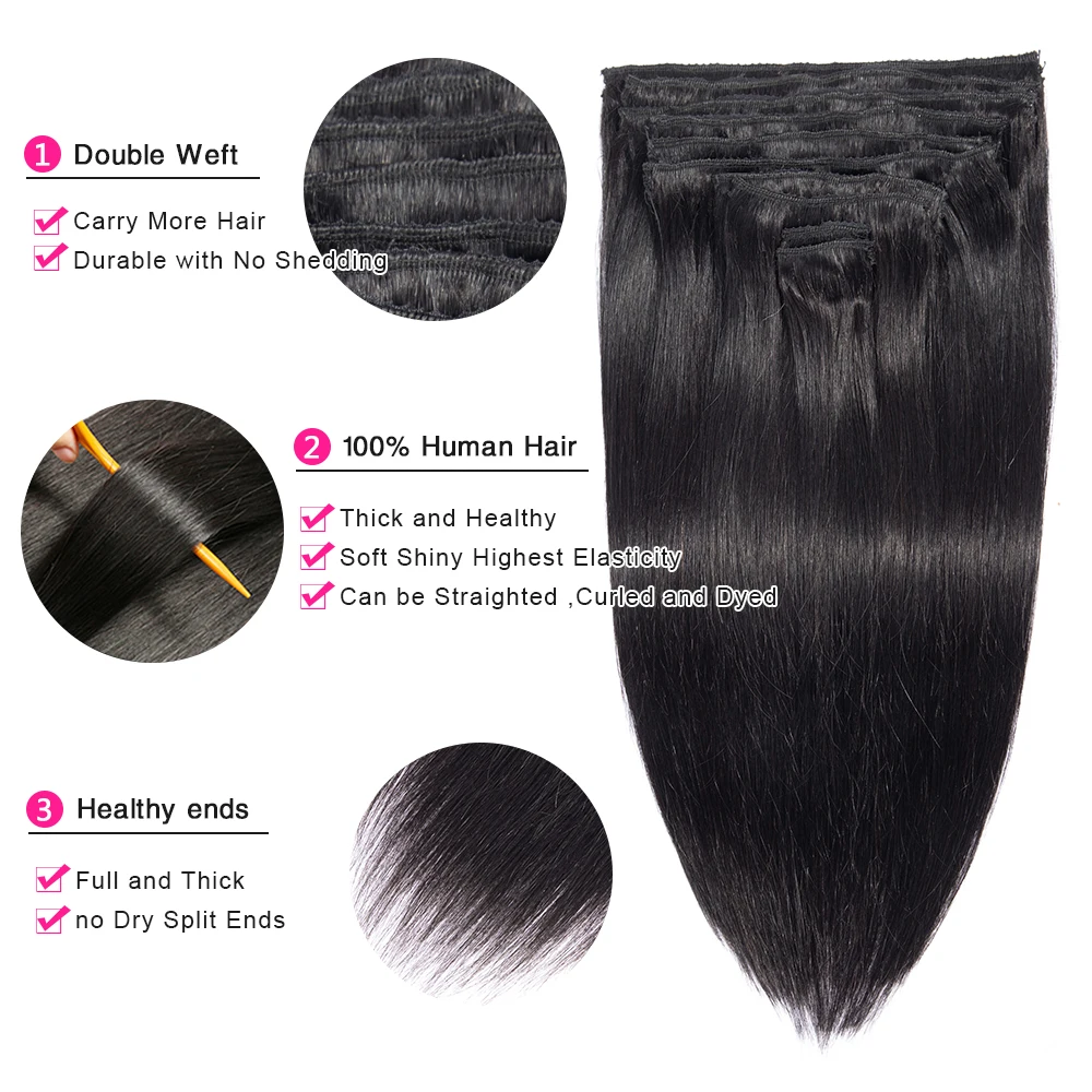 FABC Hair Peruvian Straight Hair Clip in Human Hair Extensions Natural Color Remy Hair Clip-In Full Head 10Pcs/Set