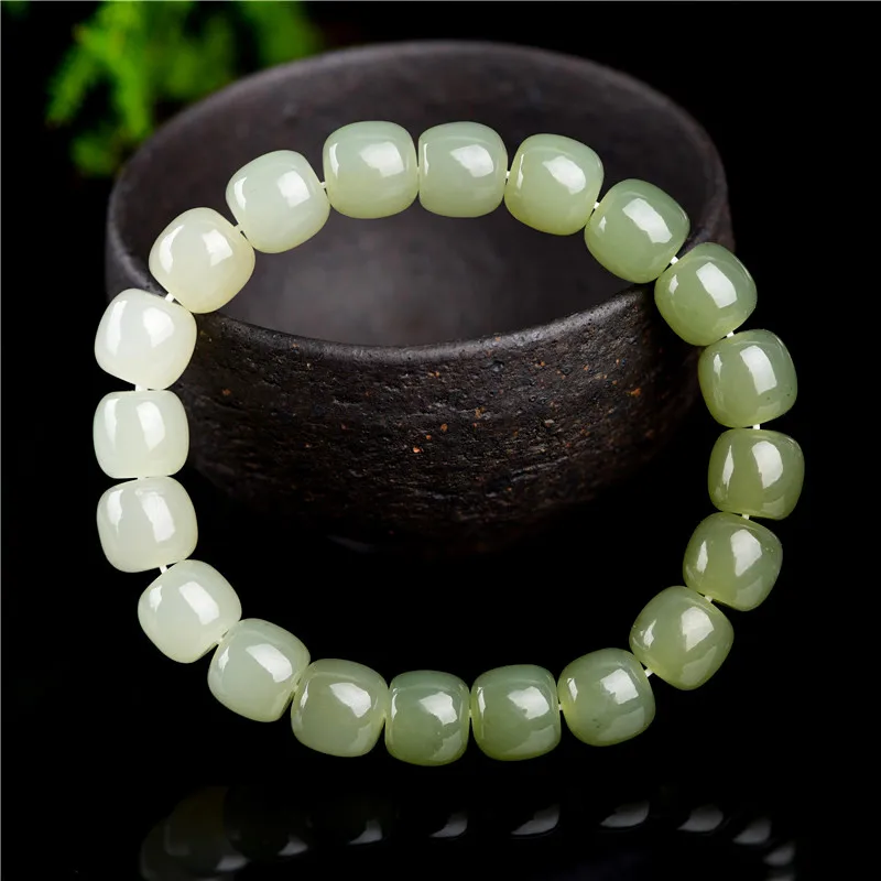 

Natural Green Hetian Jade A Gemstone Bracelet Stretch Round Beads 8x7mm Rare Rainbow Jade For Women Men Jewelry AAAAA