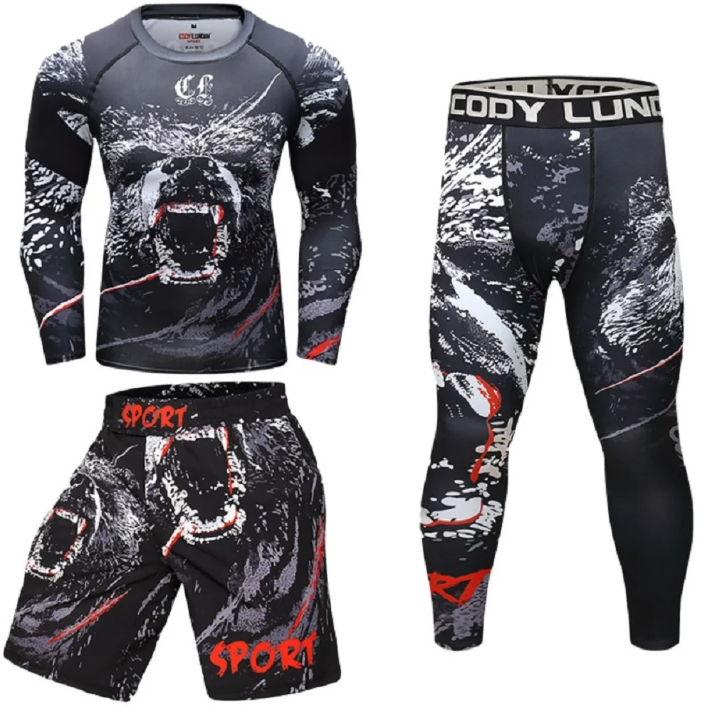 Cody Set Fight Grappling MMA Shorts Long Pants  + Wrestling Blouses 3Pcs Men Sports Equipment Rushguard Male Rashguard Men\'s Set