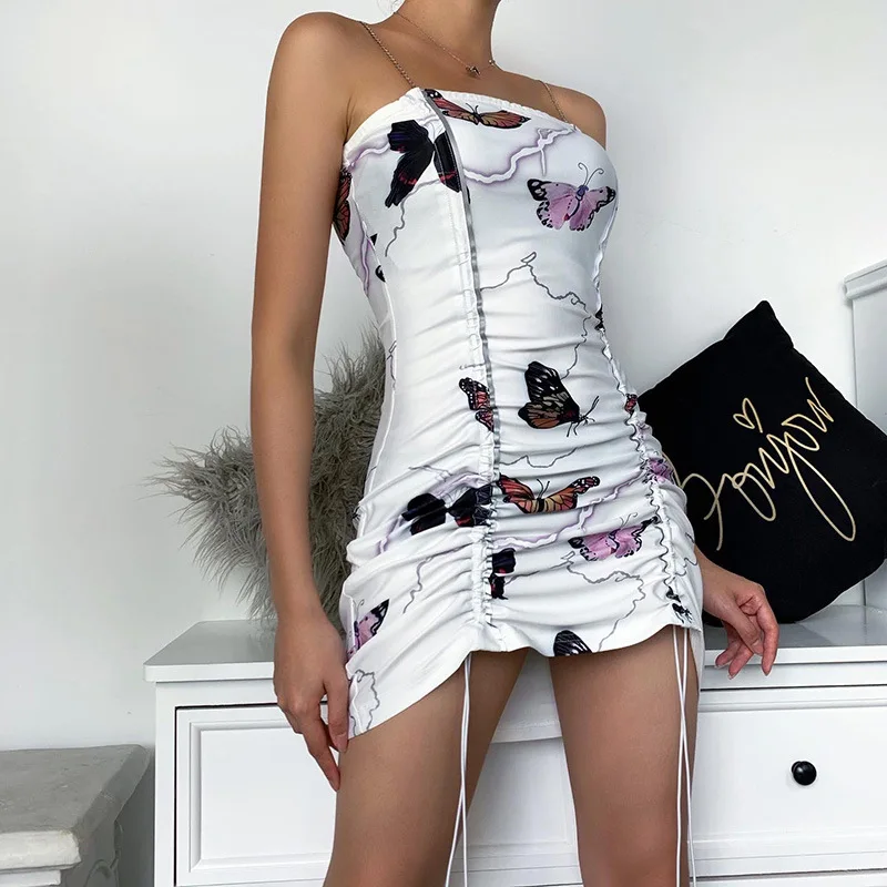 Gothic Butterfly Goth Print Bodycon Dress Streetwear High Waist Mini Dress Harajuku Punk Bandage Metal Spaghetti Strap Dress