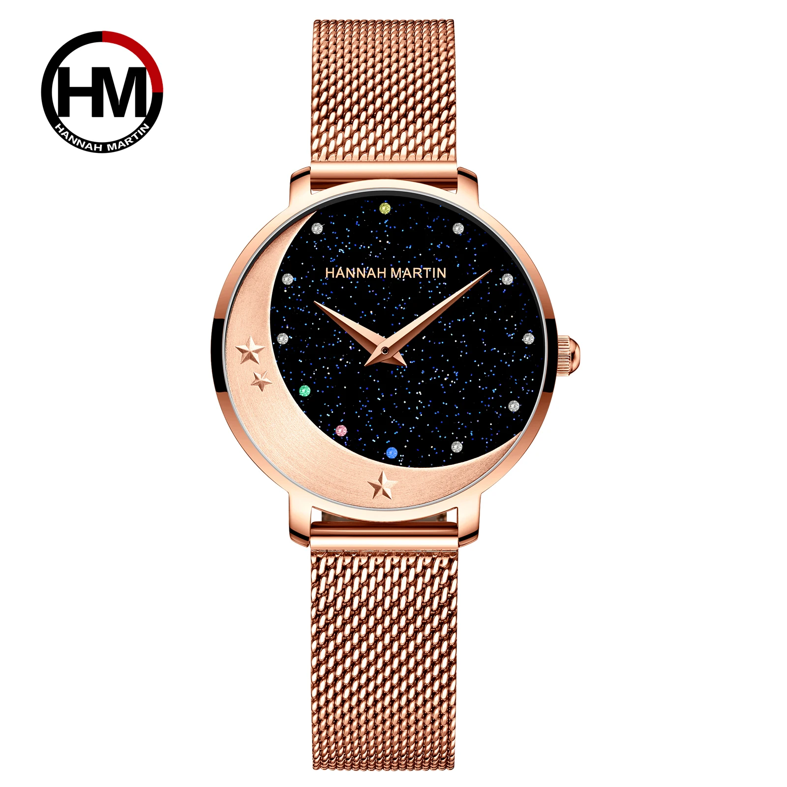 

MIYOTA 2035 Japan MOV'T Quartz Watches For Women Fashion Moon Stars Diamond Wristwatch Female Waterproof Steel Mesh Band Watch