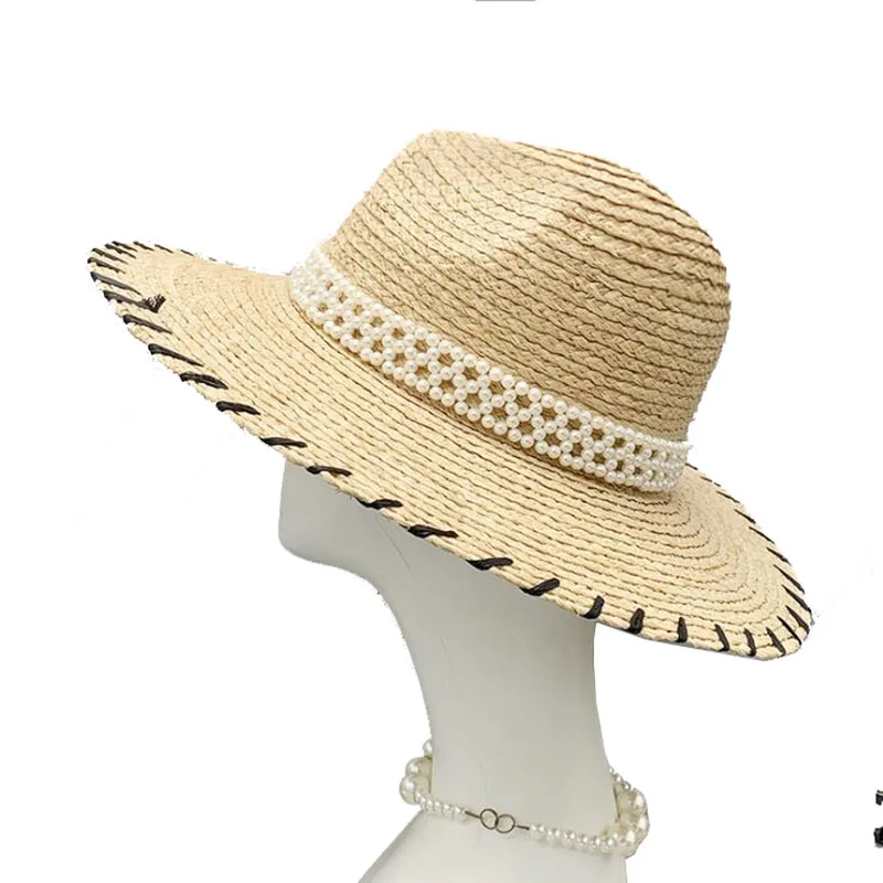 

Popular fashion handmade raffia fedora hats for women with pearls decoration cool nice beautiful cute high quality patchwork hat