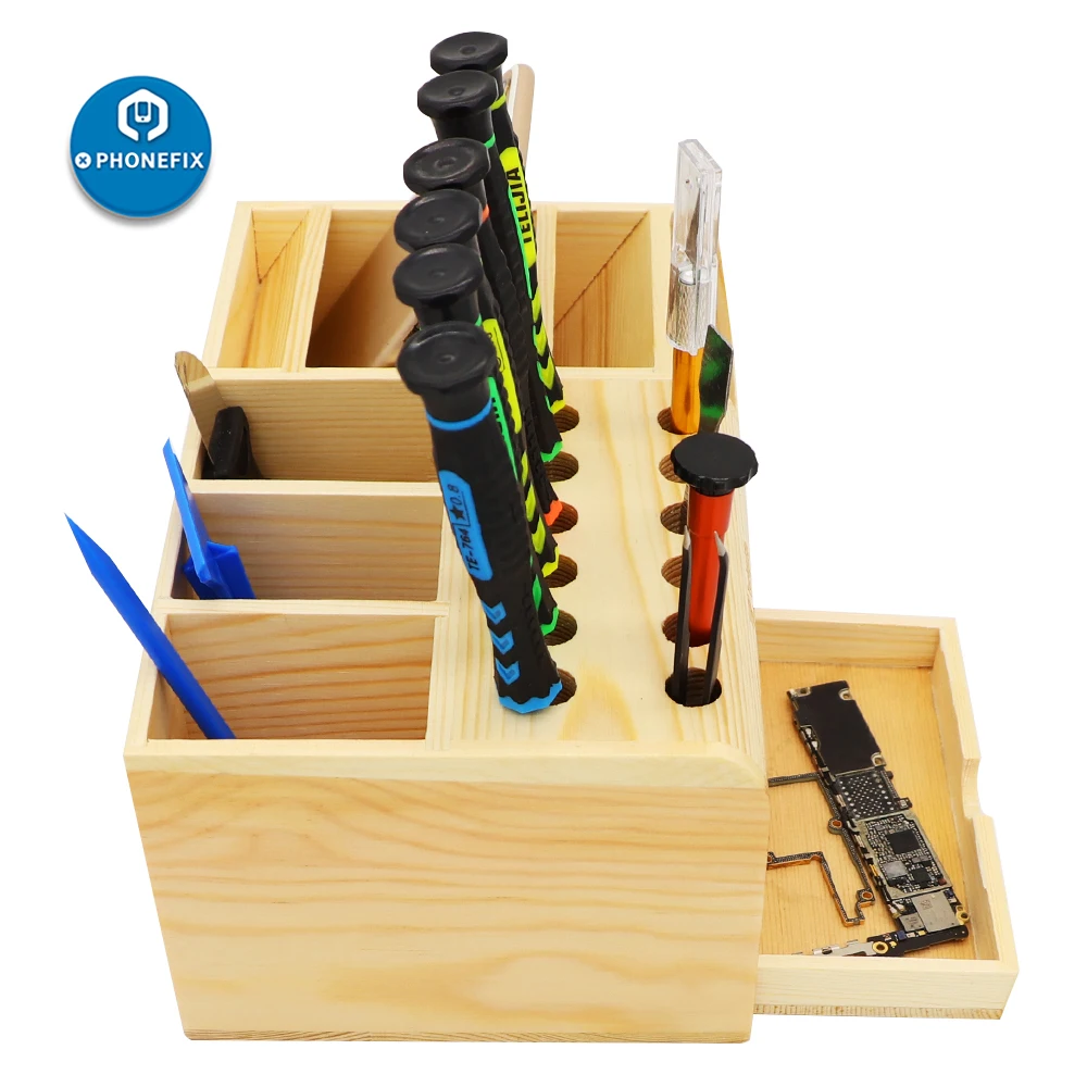 Caja de almacenamiento de madera multifuncional, juego de destornilladores, contenedor de herramientas electrónicas para pinzas, tornillos, raspadores, placas base