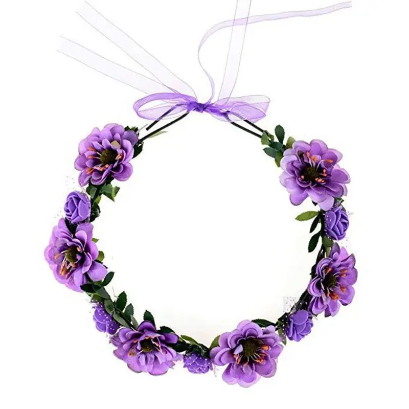 Women Elegant Rose Flower Headband with Adjustable Ribbon Wreath Crown Floral Wedding Hair Garland for Activities Party