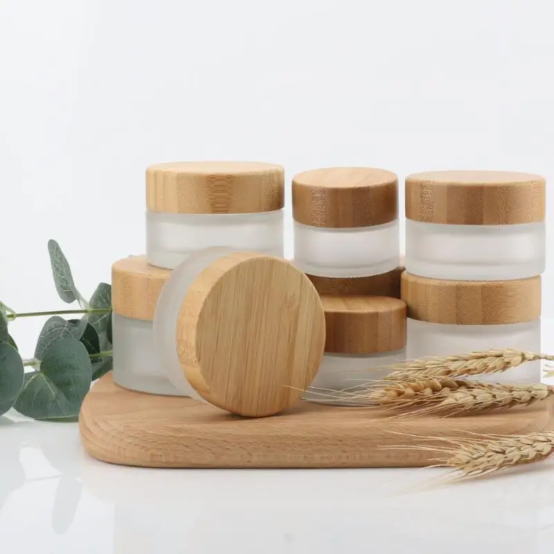 

15g/30g/50g Bamboo Wooden Lids Frosted Glass Bottle Travel DIY Face Cream Sample Jars Pot Empty Container LX3259