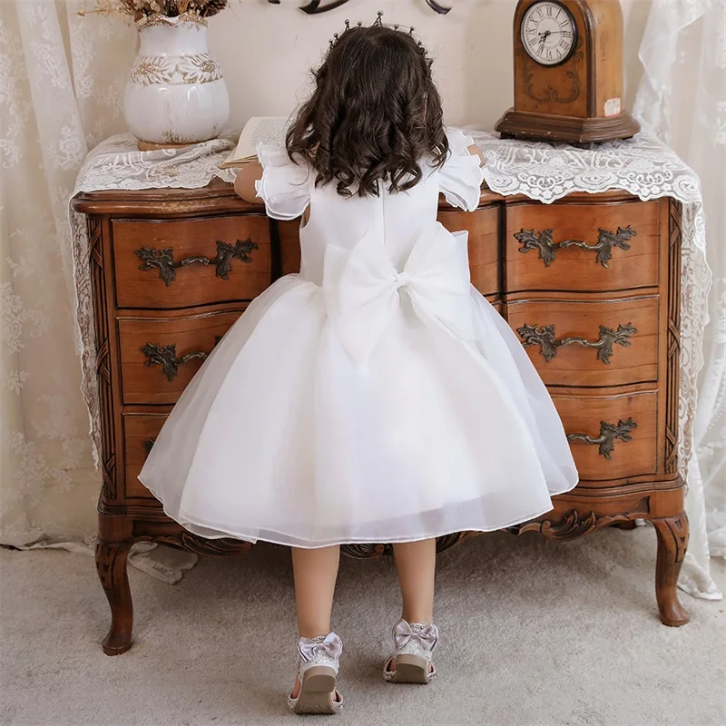 1 Years White Vestidos Tutu Ball Gown Newborn Christening Princess Birthday Party Bow Children Baby Girl Clothes Summer Dresses