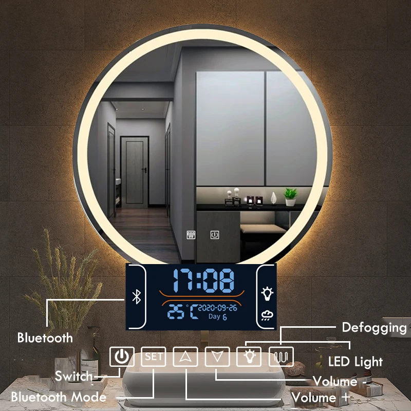 Espejo de Baño LED inteligente redondo con marco dorado/Negro, luz de 3 colores con Altavoz Bluetooth, pantalla de tiempo y temperatura, desempañamiento