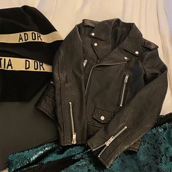 Spring Autumn New Bling Starry Sheepskin Genuine Leather Clothes Jacket Short Motorcycle Jacket Women