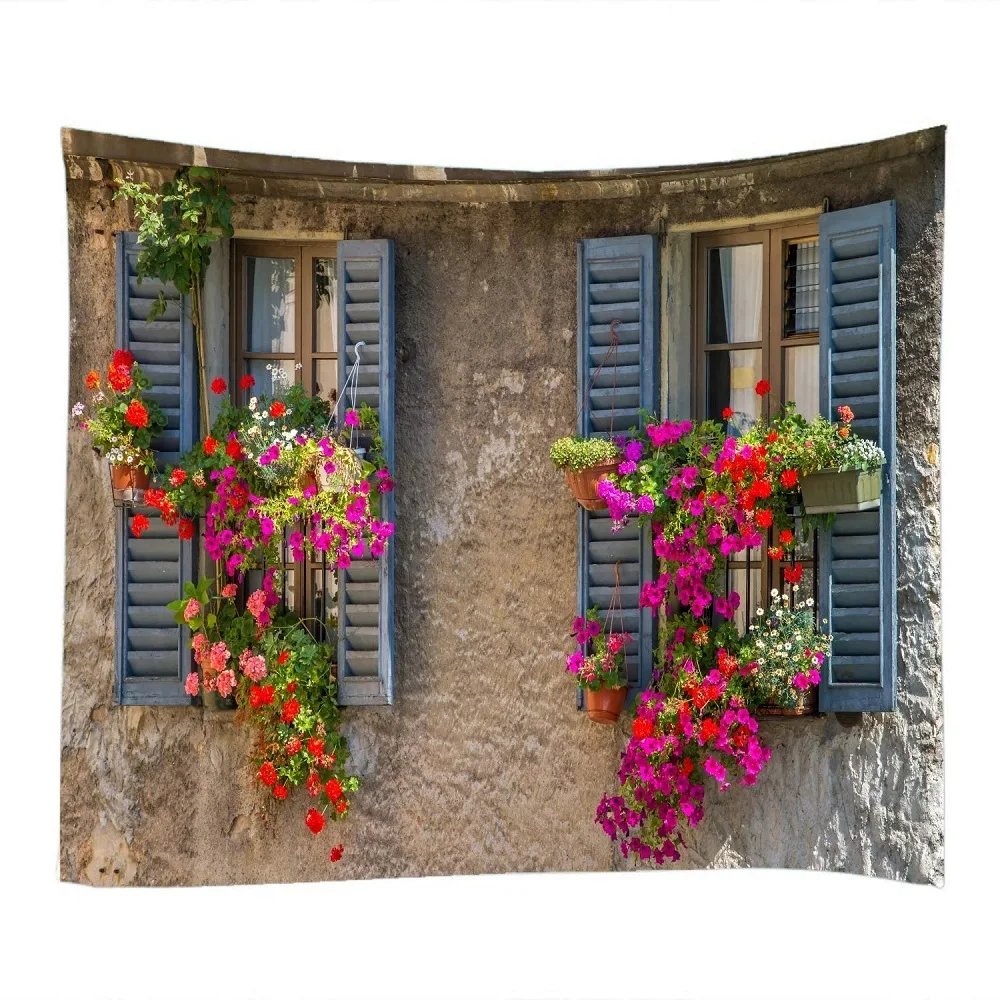 Window Red Flower Bonsai Print Fabric Tapestry Decorative Wall Art Room Accessories Wall Hanging Cloth Nordic Home Decor