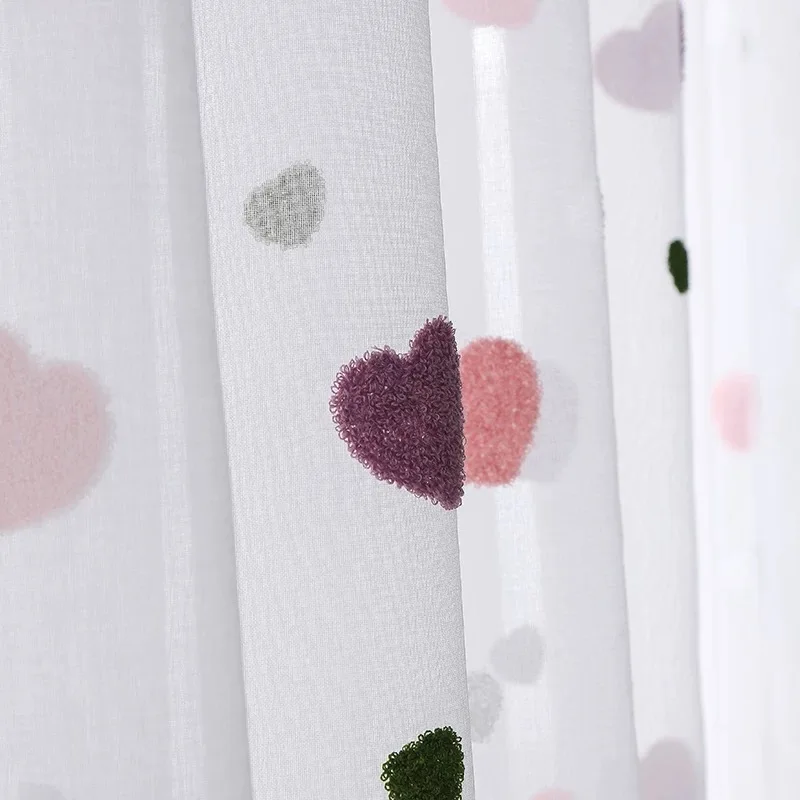 Lovely Cartoon 3D Pink Heart Embroidery Tulle For Girl Bedroom Cute Lovely Sheer Curtains For Children Living Room Custom Drapes