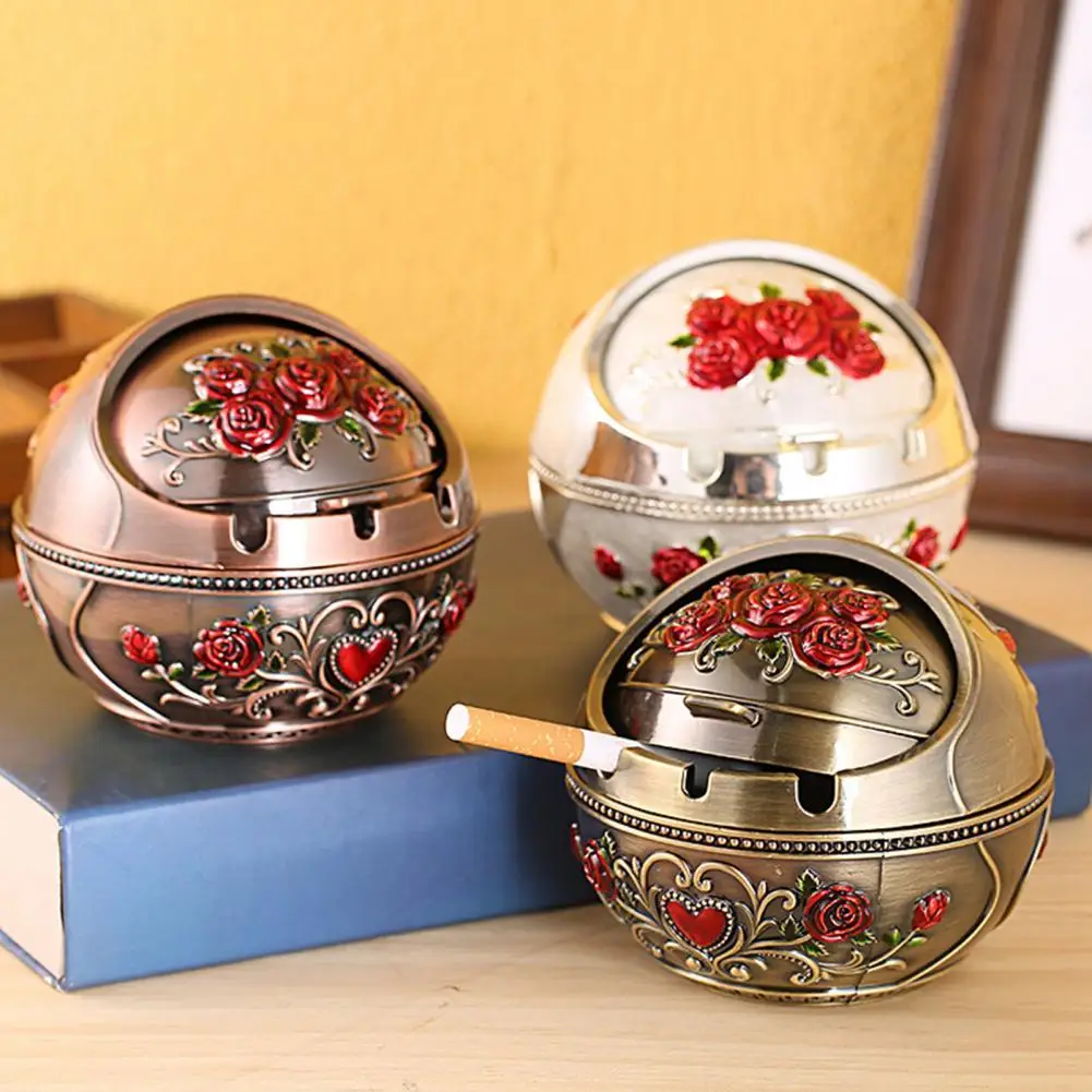 Windproof Ash Tray Vintage Zinc Alloy Flower Pattern Globe-Cigarette Ashtray Lid-Tabletop Portable Home Decor Ashtrays for Home