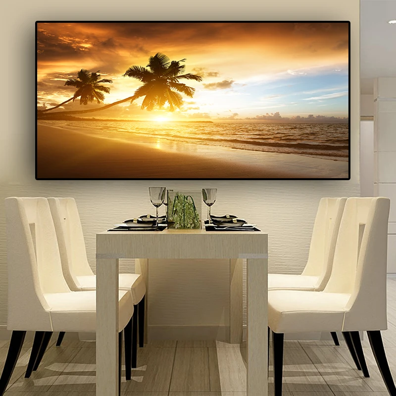 

Coconut Tree Sunsets Sea Beach Landscape Posters and Prints Canvas Painting Panorama Scandinavian Wall Picture for Living Room