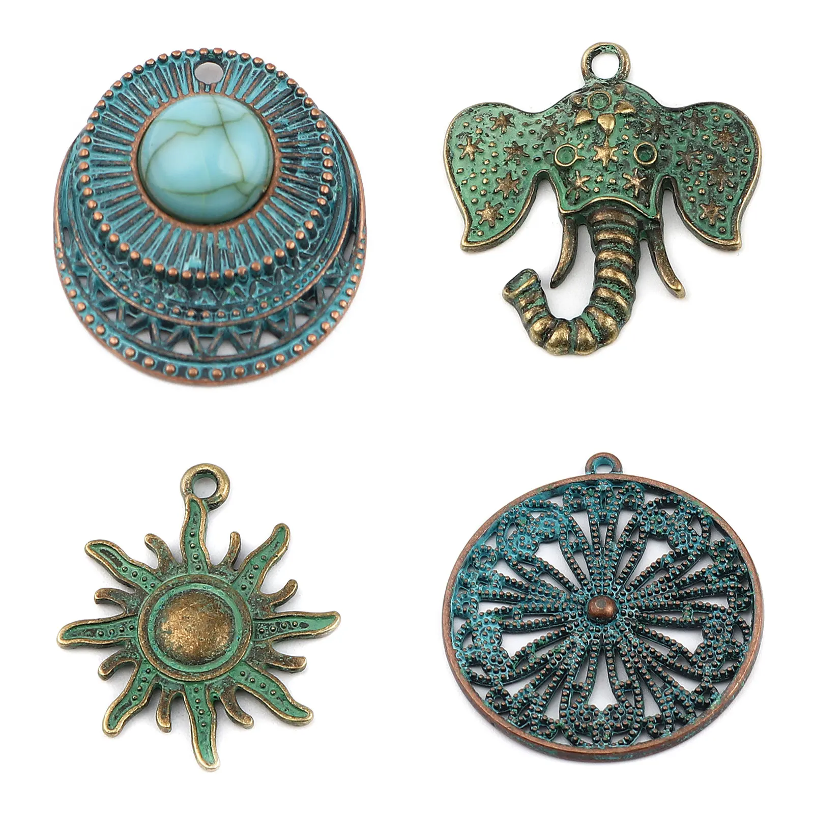 Bohemian Zinc Alloy Patina Pendants Round Antique Copper Green Blue Flower Elephant Charms DIY Making Earrings Necklace Jewelry