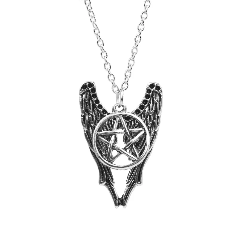 Retro Movie  Supernatural Necklace Pentagram Pentacle Castiel Angel Wings Vintage Antique Silver Color Pendant Amulet Jewelry Me