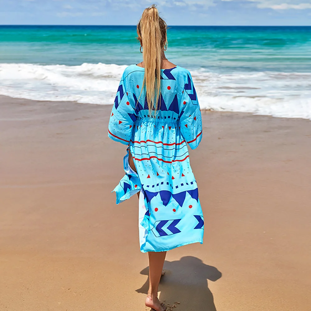 2023 New Women Beach Cover Up Pareo Swimsuit Cover-ups Boho Beachwear  Bathing Suit Tunic Saida De Praia Cardigan Dress