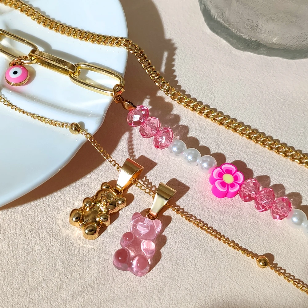 Pink Gummy Bear Pearl Beaded Choker Necklace For Women Multilayer Asymmetrical Flower Beads Metal Chain Necklace Fashion Jewelry