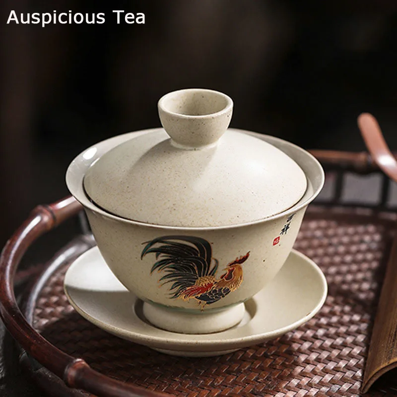 160ml Exquisite Coarse Pottery Gaiwan Household Retro Rooster Tea Cup Chinese Ceramic Tea Bowl Tea Ceremony Customized Gift