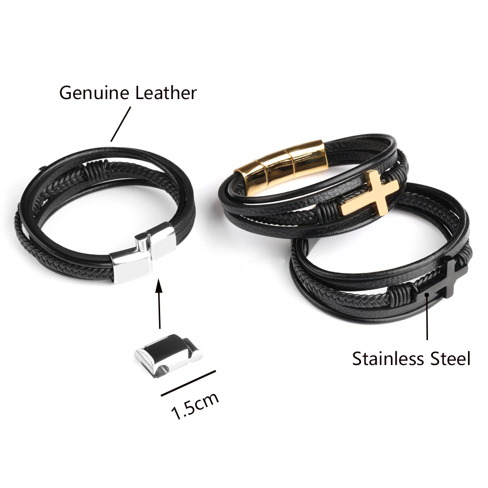 Cross Man\'s Bracelet Natural Stone Beads Genuine Leather Braided Stainless Steel 3 Adjustable Magnet Clasp Bangles For Men Gift