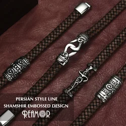 REAMOR Luxury Zircon Persian Courage Sword Knot Spiral Stainless Steel Magnetic Clasp Brown Cowhide Leather Men Women Bracelets